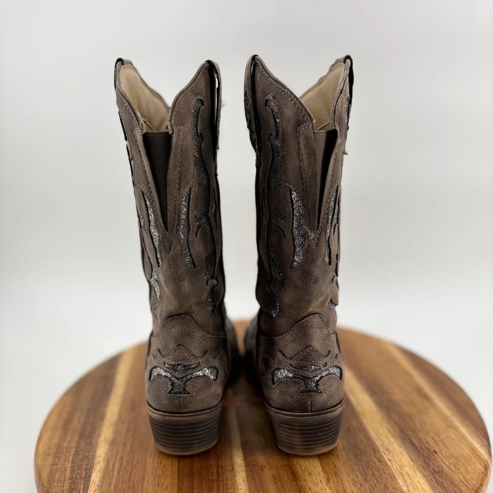 Jessica Cline Lansing Girls Brown Glitter Western Cowboy Boots Size 5M